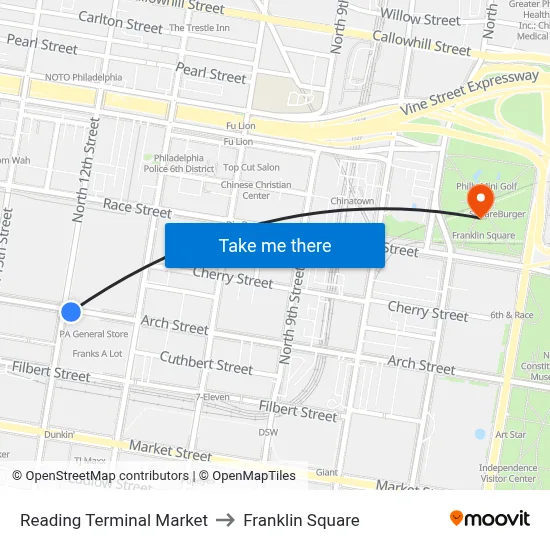 Reading Terminal Market to Franklin Square map