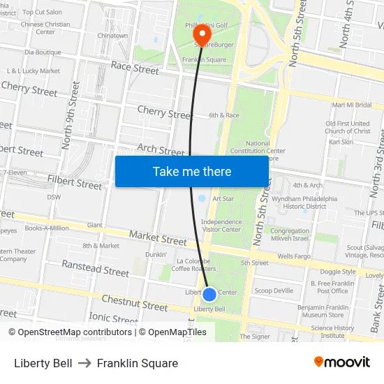 Liberty Bell to Franklin Square map