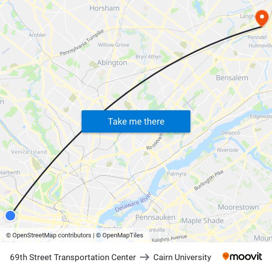 69th Street Transportation Center to Cairn University map