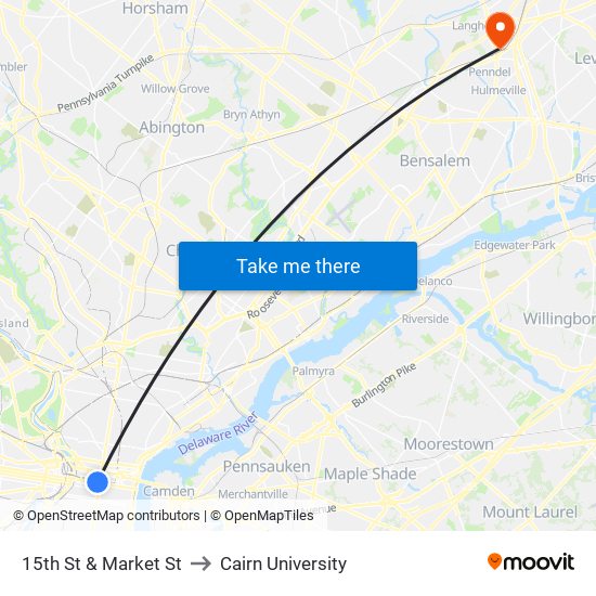 15th St & Market St to Cairn University map