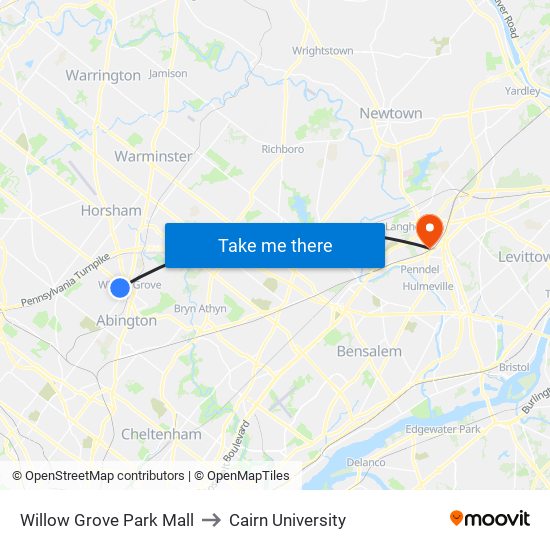 Willow Grove Park Mall to Cairn University map