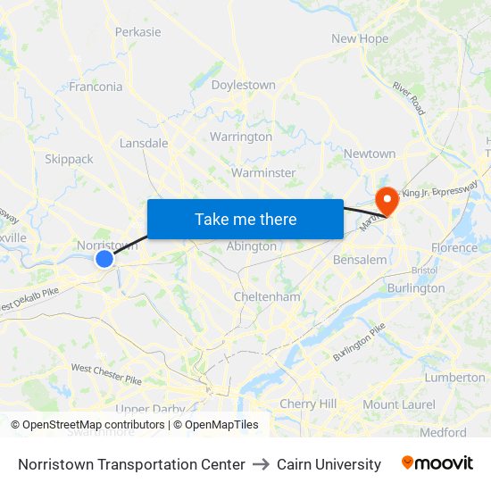 Norristown Transportation Center to Cairn University map