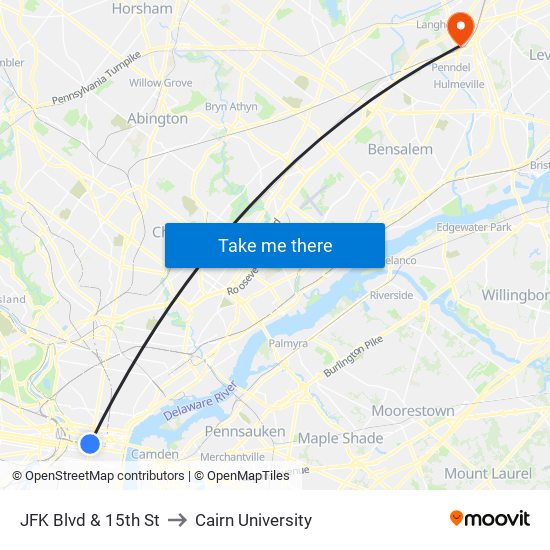 JFK Blvd & 15th St to Cairn University map