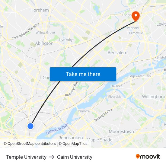 Temple University to Cairn University map