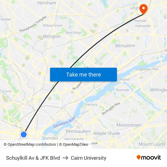 Schuylkill Av & JFK Blvd to Cairn University map