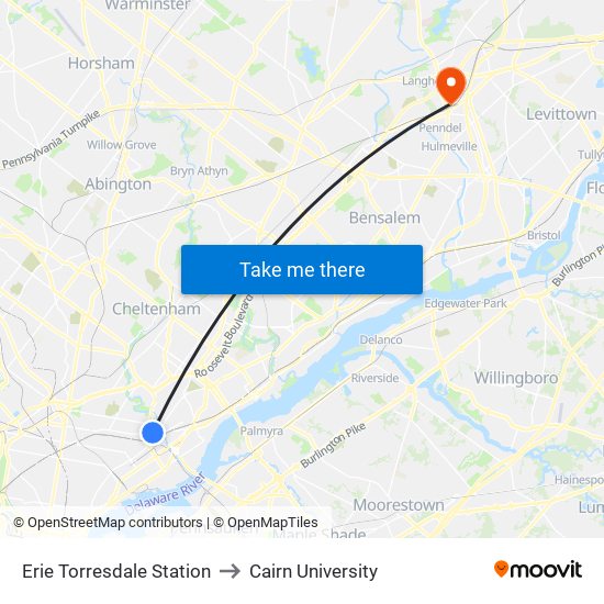 Erie Torresdale Station to Cairn University map