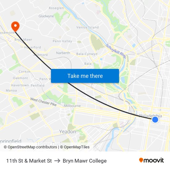 11th St & Market St to Bryn Mawr College map