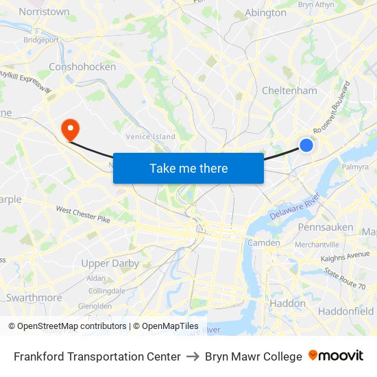 Frankford Transportation Center to Bryn Mawr College map