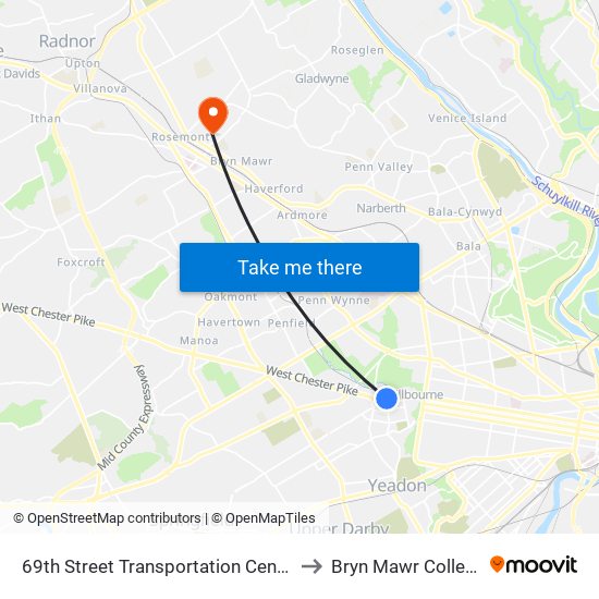 69th Street Transportation Center to Bryn Mawr College map