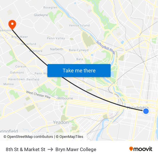 8th St & Market St to Bryn Mawr College map