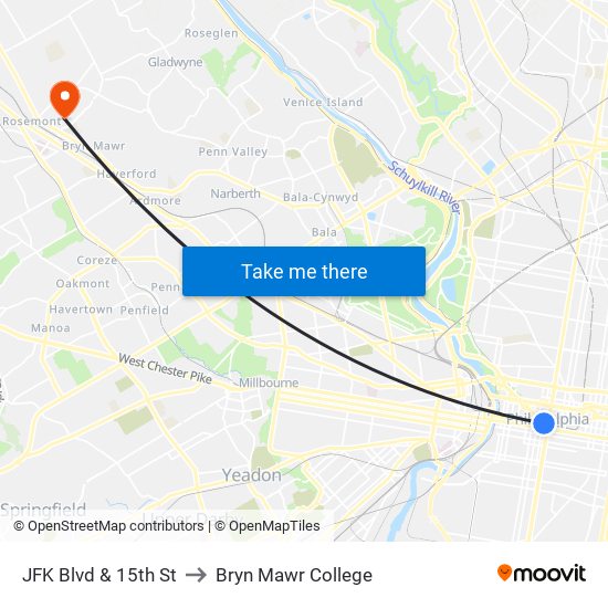 JFK Blvd & 15th St to Bryn Mawr College map