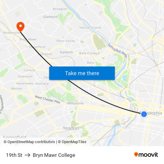 19th St to Bryn Mawr College map