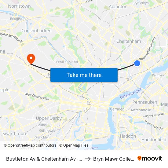 Bustleton Av & Cheltenham Av - Fs to Bryn Mawr College map