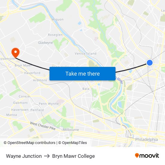 Wayne Junction to Bryn Mawr College map