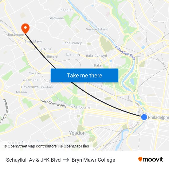 Schuylkill Av & JFK Blvd to Bryn Mawr College map