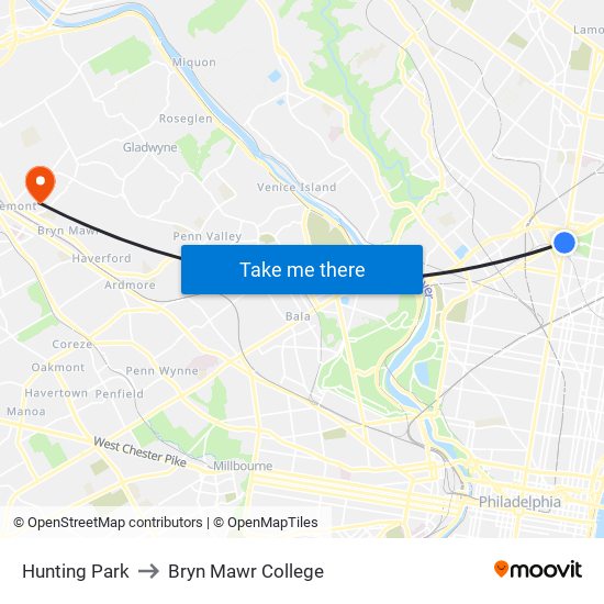 Hunting Park to Bryn Mawr College map