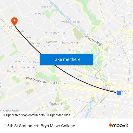 15th St Station to Bryn Mawr College map