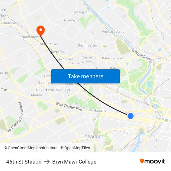 46th St Station to Bryn Mawr College map