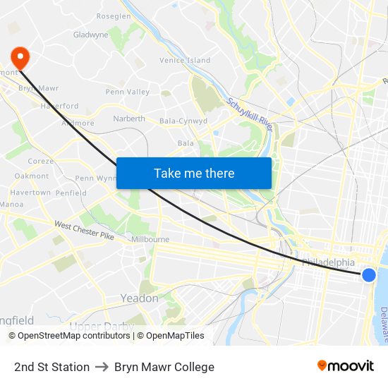 2nd St Station to Bryn Mawr College map