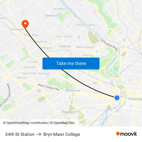 34th St Station to Bryn Mawr College map