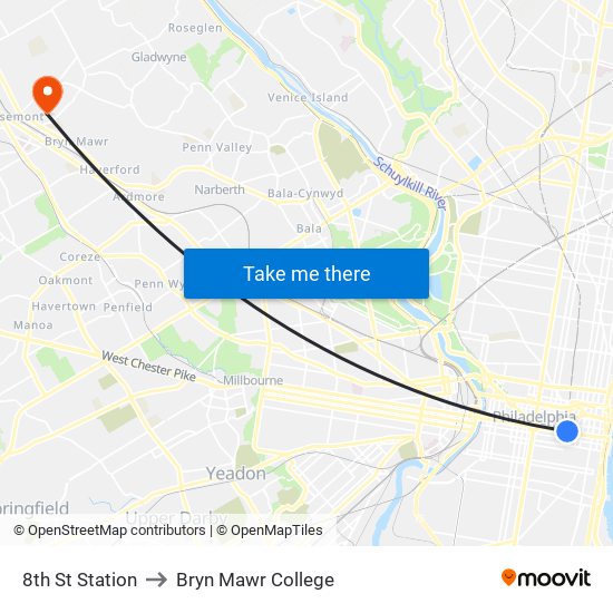 8th St Station to Bryn Mawr College map