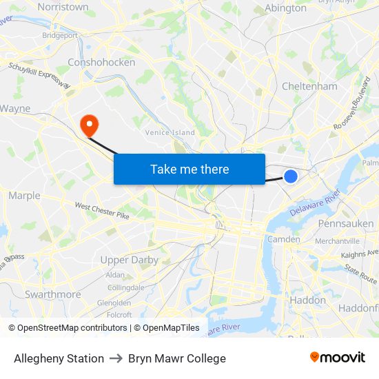 Allegheny Station to Bryn Mawr College map