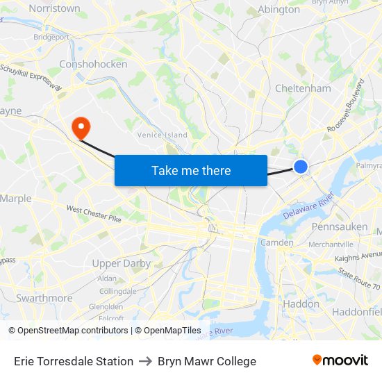 Erie Torresdale Station to Bryn Mawr College map