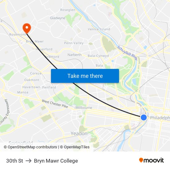 30th St to Bryn Mawr College map