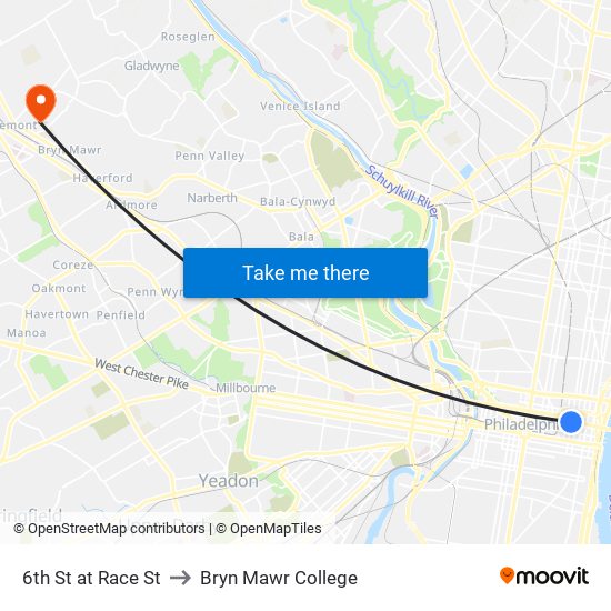 6th St at Race St to Bryn Mawr College map