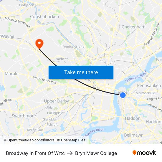 Broadway In Front Of Wrtc to Bryn Mawr College map