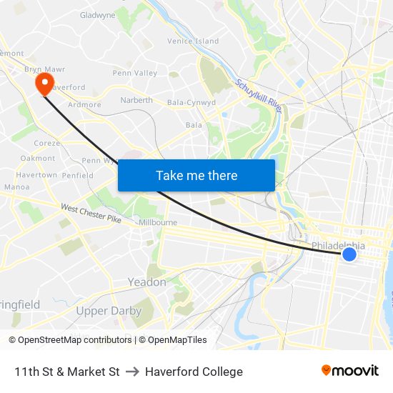 11th St & Market St to Haverford College map