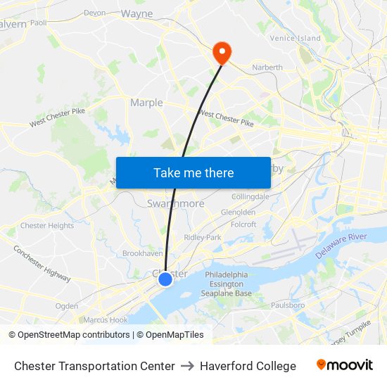Chester Transportation Center to Haverford College map