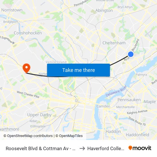 Roosevelt Blvd & Cottman Av - FS to Haverford College map