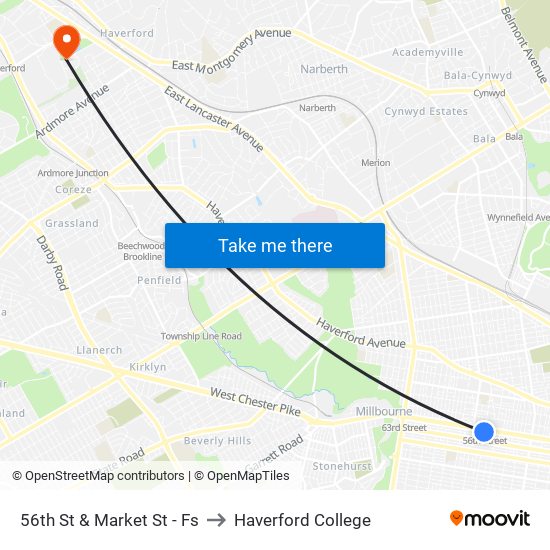 56th St & Market St - Fs to Haverford College map