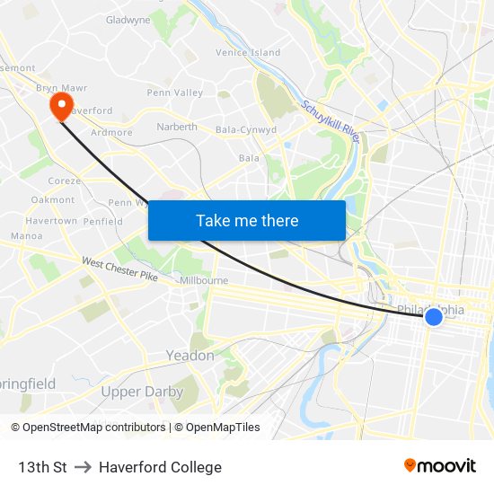 13th St to Haverford College map