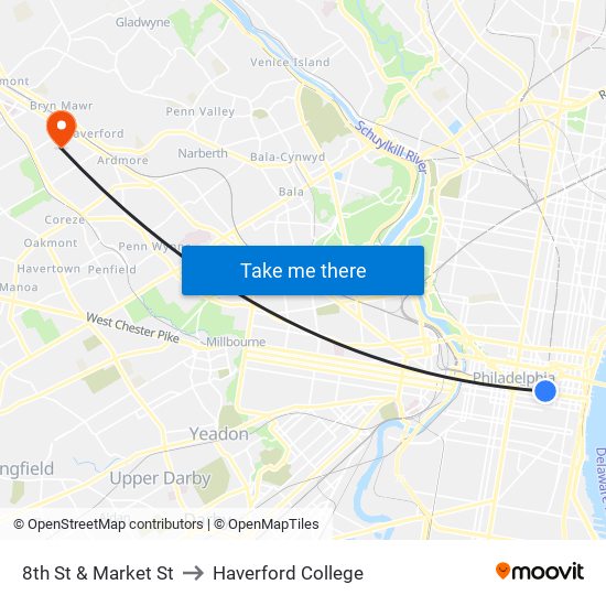 8th St & Market St to Haverford College map