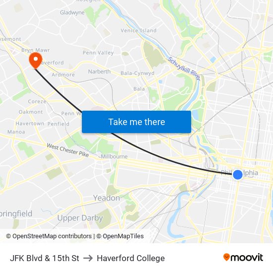 JFK Blvd & 15th St to Haverford College map