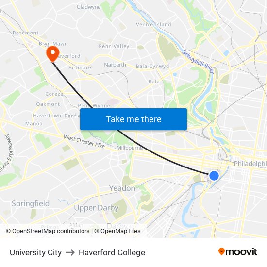 University City to Haverford College map