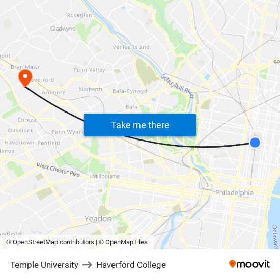 Temple University to Haverford College map