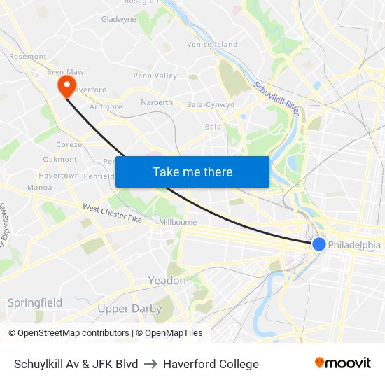 Schuylkill Av & JFK Blvd to Haverford College map