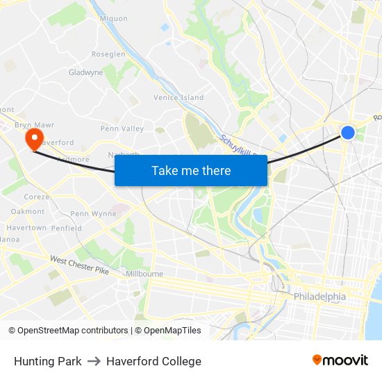 Hunting Park to Haverford College map
