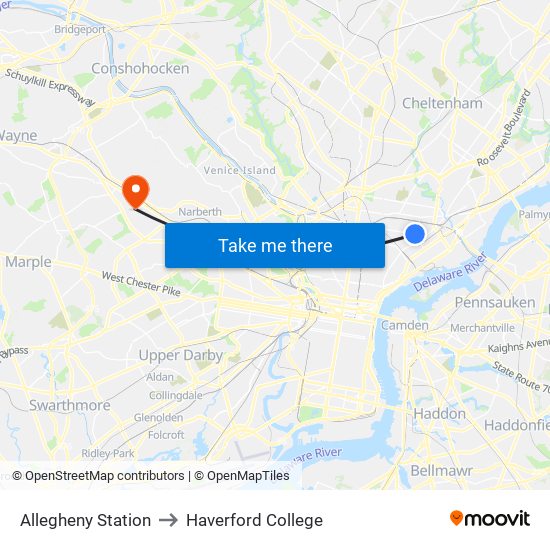Allegheny Station to Haverford College map
