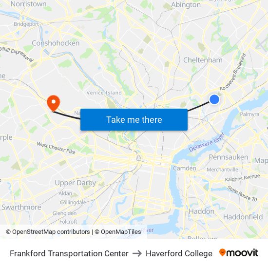 Frankford Transportation Center to Haverford College map