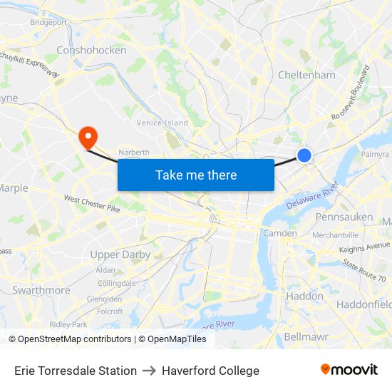 Erie Torresdale Station to Haverford College map
