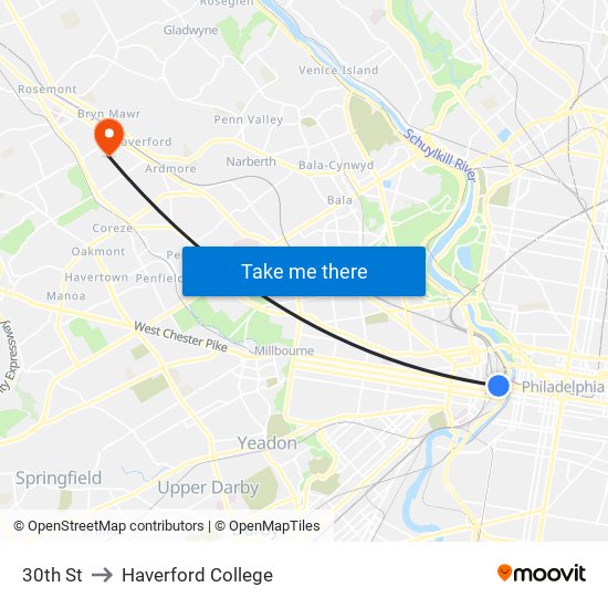 30th St to Haverford College map