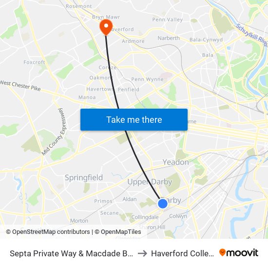 Septa Private Way & Macdade Blvd to Haverford College map