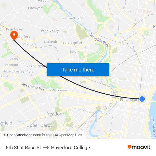 6th St at Race St to Haverford College map
