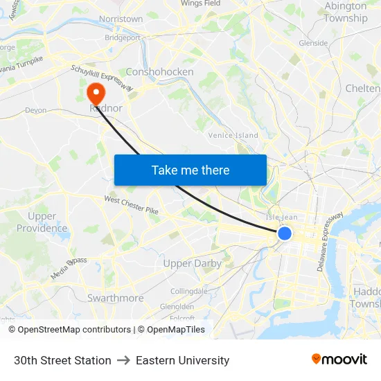 30th Street Station to Eastern University map