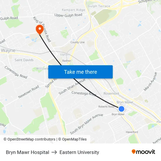 Bryn Mawr Hospital to Eastern University map