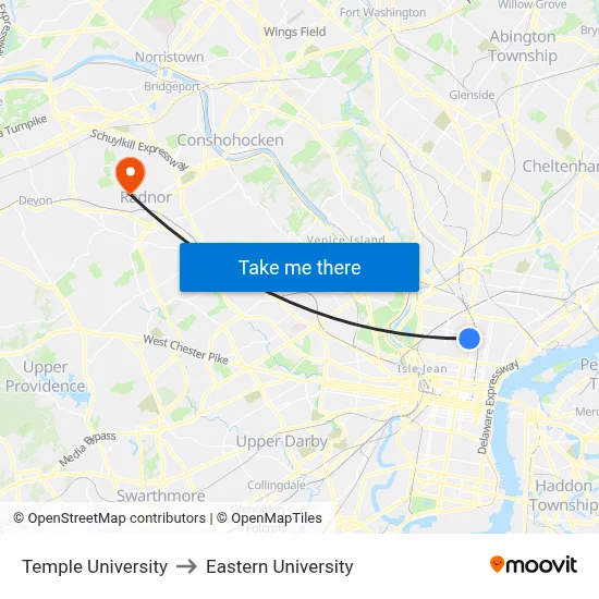 Temple University to Eastern University map